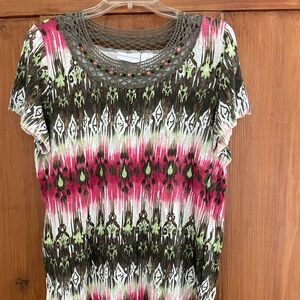 Alfred Dunner Brown Green Pink Crochet Beaded Top M